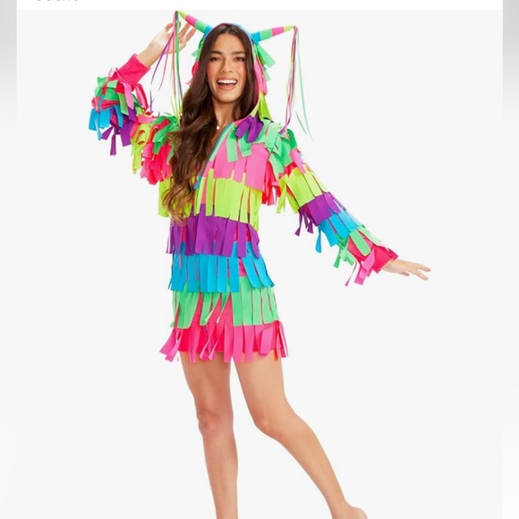 Tipsy Elves Dresses & Skirts - Tipsy Elves Rainbow Piñata Dress Bright Multicolor Fringe Costume Hood NWT Sz XL